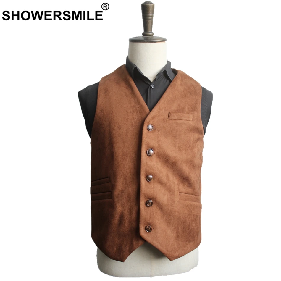 SHOWERSMILE, замшевый мужской жилет, коричневый, темно-синий, мужской костюм, жилет, Осень-зима, теплый жилет, винтажный бренд, мужская куртка без рукавов - Цвет: Dark brown