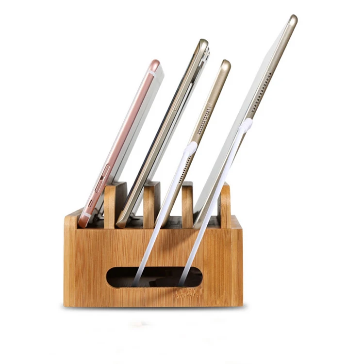 Бамбук Стенд Multi устройство Desktop Шнуры Организатор док станции зарядки Держатель