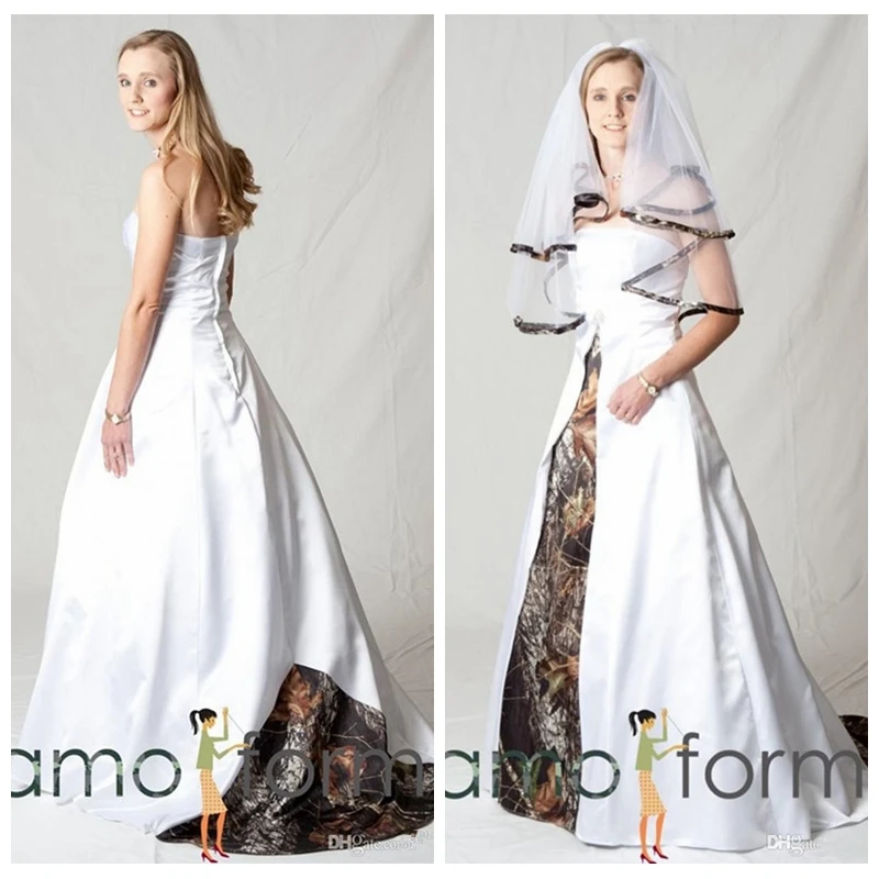

2019 Strapless A-Line White Satin Wedding Dresses Camo Bridal Gowns Custom Vestidos De Marriage Cheap Real Tree Camouflage