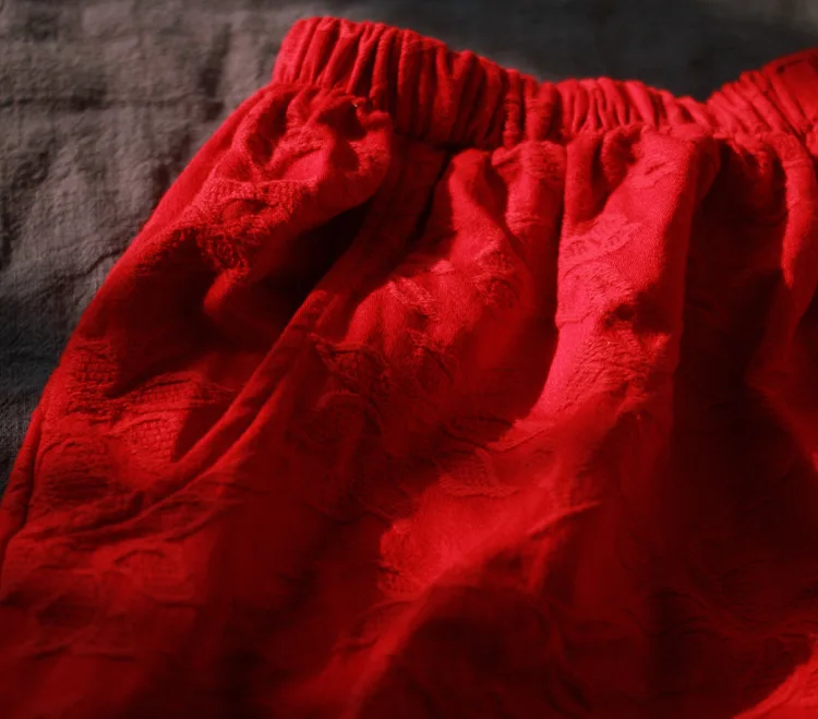 Свободные прямые яркие красные женские хлопковые льняные брюки до щиколотки с