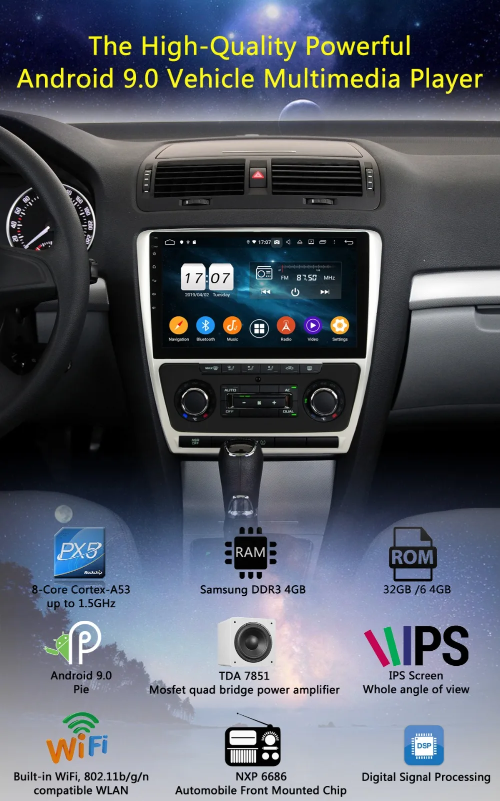 10," ips 8 ядерный 4G+ 64G Android 9,0 автомобильный dvd-плеер для Skoda Octavia A5 2007 2008 2009 2010 2012 2013 gps Радио стерео DSP