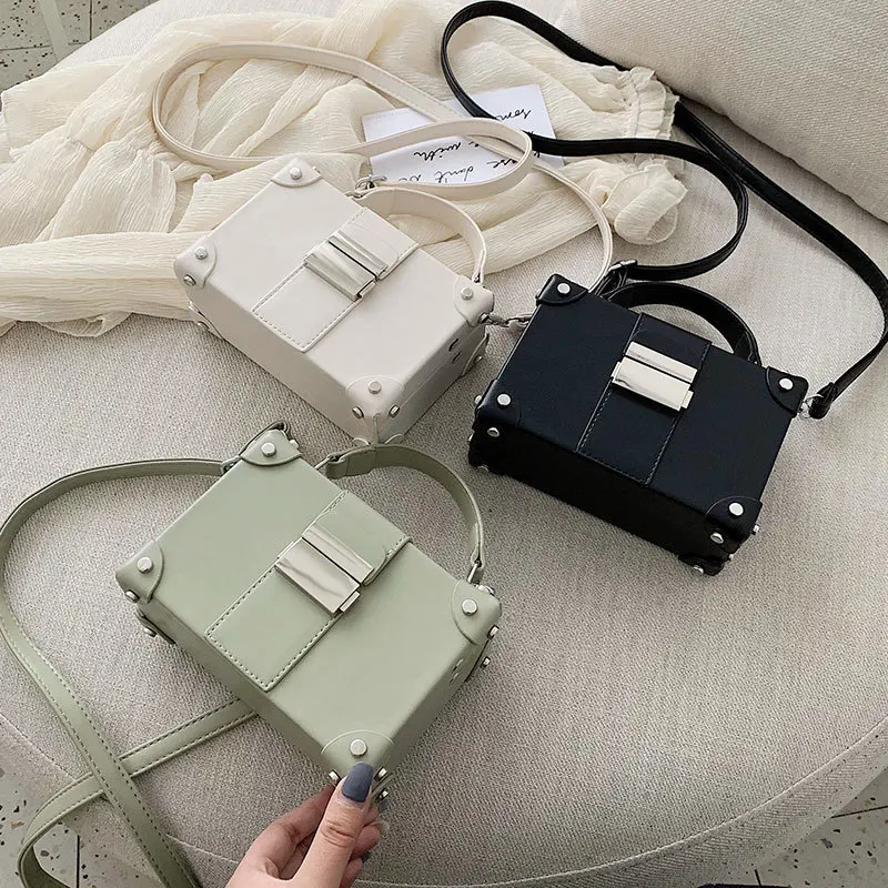 

New Arrival Pu Leather Small Square Bag Box Shaped Metal Hasp Rivet Casual Simgle Women Fashion Tide Simple Handbags