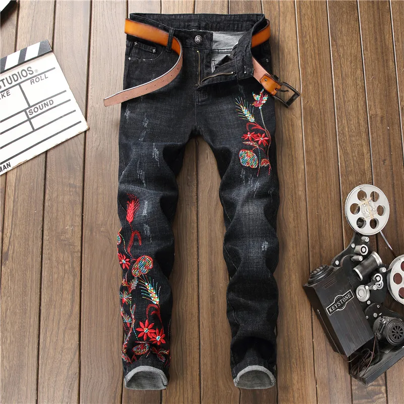 New Fashion Brand Flower And Bird Embroidered Jeans Men's Scratched Patches Skinny Pants Elastic Black Denim crop jeans #15011 | Мужская