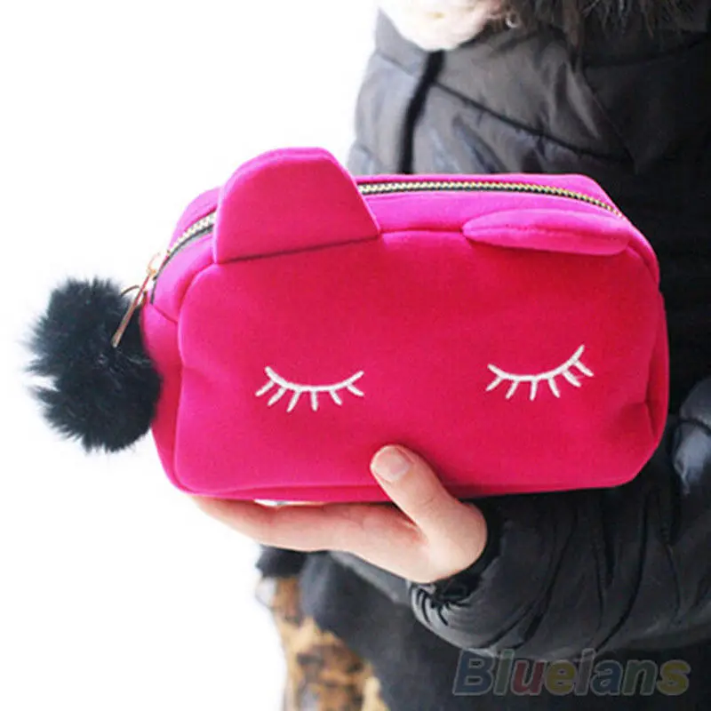 Rose Red Сумка для макияжа с рисунком кота из мультфильма, черный чехол на молнии, косметичка, школьные канцелярские принадлежности, велюровый чехол, сумочка для путешествий, косметичка - Цвет: Rose Red