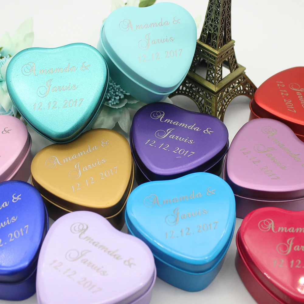 

50pcs Personalized Engraved Iron Wedding Boxes Love Heart Tinplate Candy box Gift Boxes Unique Party Decoration Favor Supplies