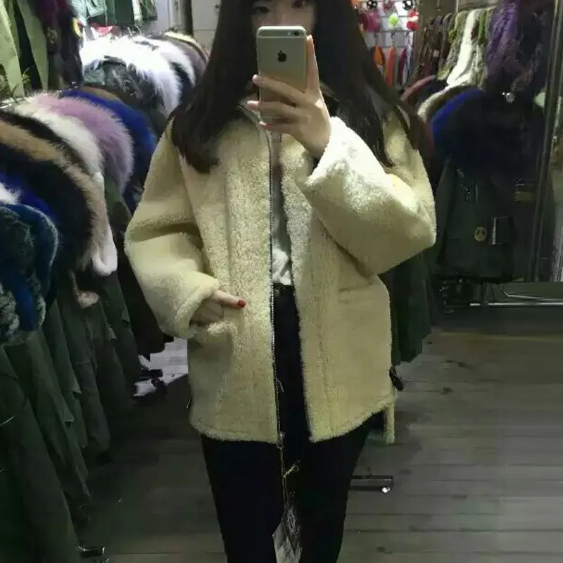

New Arrival thicken long winter short style sheepskin jacket women white wool coat free shipping