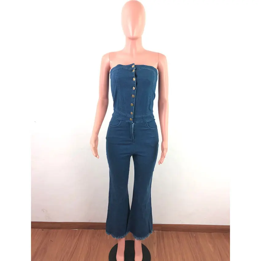 Wjustforu Strapless Sexy Denim Jumpsuit Women Off Shoulder Botton Jeans Wide Leg Bodysuit Female Bodycon Casual Overalls Vestido | Женская