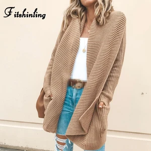 Fitshinling, Модный зимний Кардиган, Женская куртка, верхняя одежда, богемные карманы, вязаный свитер, Длинные кардиганы, женская одежда цвета хаки