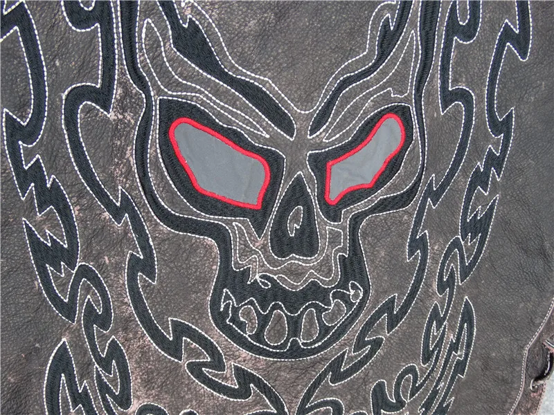 Черный мужской мотоциклетный кожаный жилет с вышивкой черепа размера плюс XXXL из натуральной воловьей кожи короткий Байкерский кожаный жилет