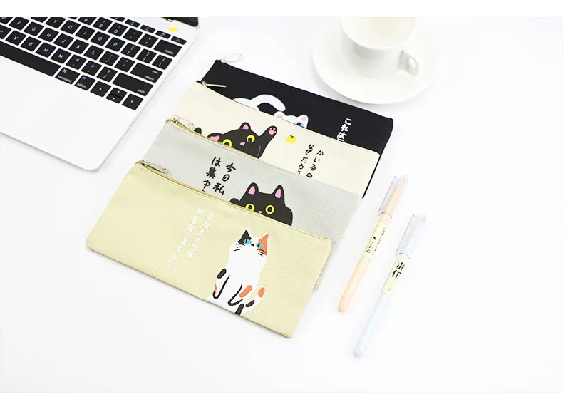 4 Styles Simple Cat Cartoon Creative Canvas Bag Female Student Bulk Zippered Pencil Case Pencil Bag Student Stationery Office