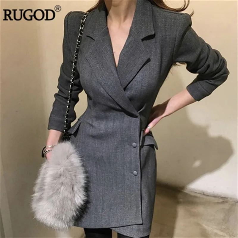 Серый RUGOD модное асимметричное офисное женское платье, деловое платье, женское плотное с длинным рукавом, профессиональное платье, Блейзер, рубашка, мини платье - Цвет: Серый