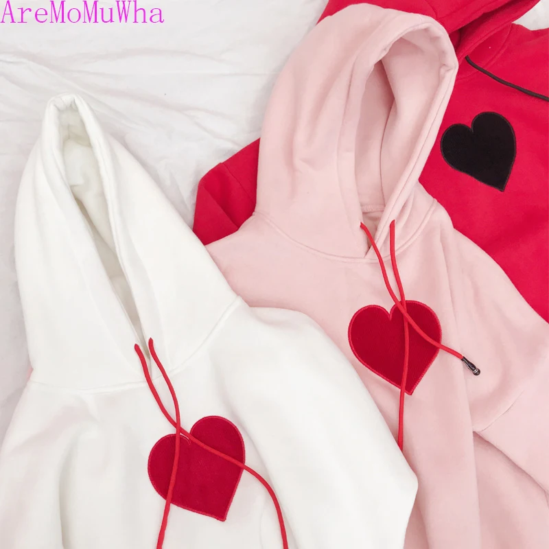 

AreMoMuWha New Spring Autumn Velvet Thick Hooded Sweatshirts Women Sweet Love Heart Pullovers Coat Solid Warm Hoodies Tops Mh063