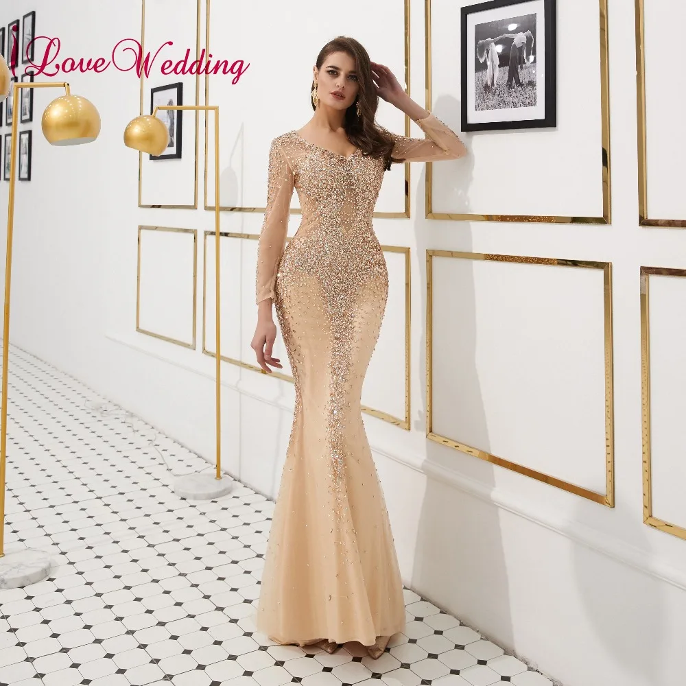 ILoveWedding сексуальные V шеи роскошные золотые украшения на заказ; длинное парадное с длинными рукавами вечернее бальное платье в виде русалки платья