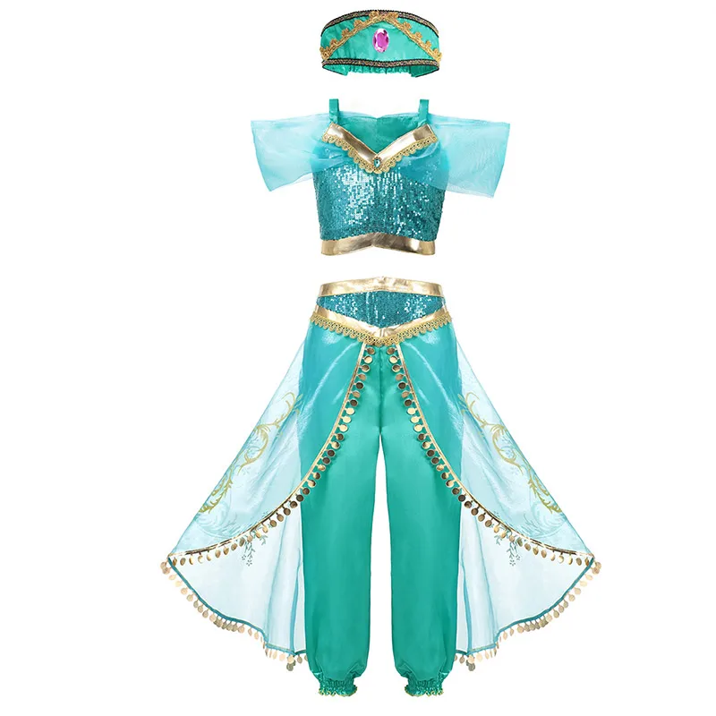 3PCS Set Детский комплект одежды из топа и штанов с изображением Аладдина и волшебной лампы «Принцесса Жасмин» с повязкой на голову для девочек; платье для дня рождения «Жасмин» для костюмированной вечеринки - Цвет: 3PCS Set