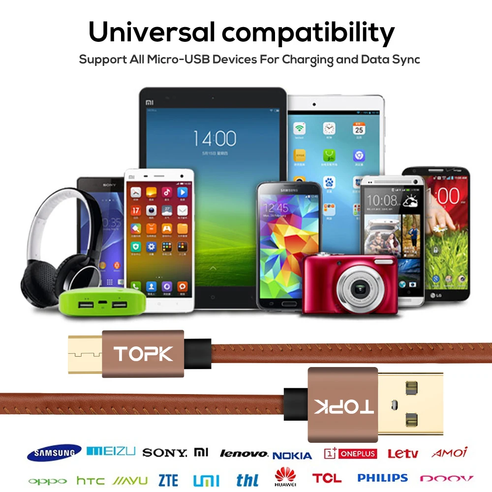 TOPK [5-Pack] Micro USB кабель из искусственной кожи металлический штекер кабель для передачи данных для samsung S7 edge Xiaomi Redmi 4X