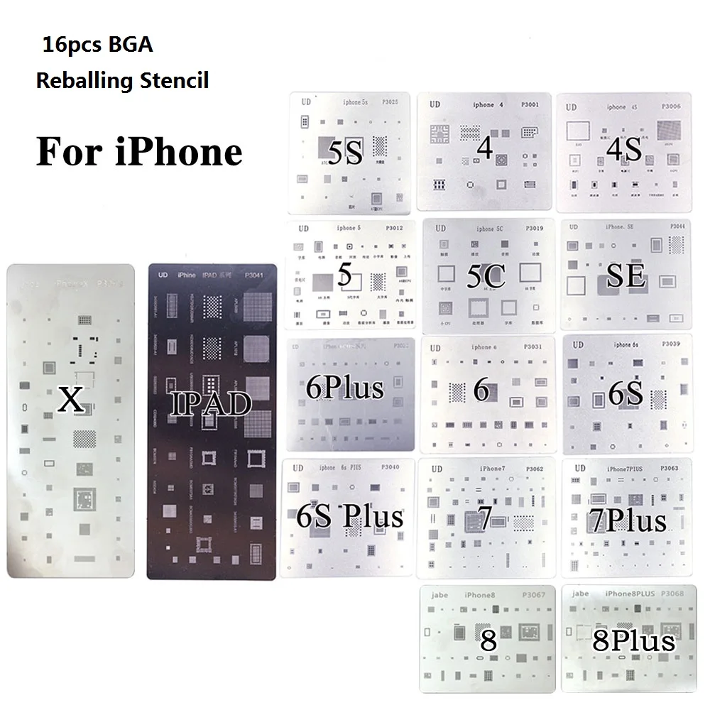 16 шт. полный набор шаблона для пайки трафарет реболлинга BGA IPhone 4 4s 5 5s 5c 6 + 6S 6s 7 SE 8