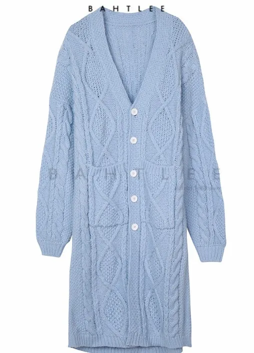 Sky blue BAHTLEE Осень Зима с длинным рукавом мохер кардиган пальто Женский вязаный длинный свободный стиль свитер джемпер карман толстый сохраняет тепло - Цвет: Sky blue