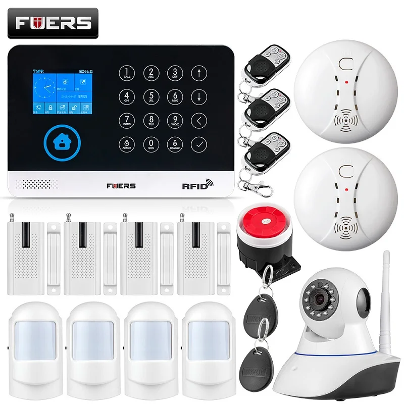 FUERS wifi GSM сигнализация беспроводная домашняя охранная сигнализация 9 СПГ переключаемая RFID lcd PIR датчик дыма управление приложением - Цвет: Kit6