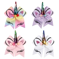 20pcslot 7 unicorn party hair bow cartoon glitter print cheer bow with elastic hair tie can be replaced with clips wholesale