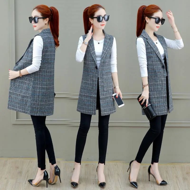 Весенний элегантный клетчатый Блейзер Женский Повседневный жилет без рукавов с