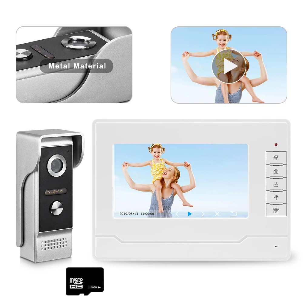 Wired Video Intercom video door phone intercom entry system 7 Inch Indoor Monitor with Recording 16GB TF Card,Waterproof Camera