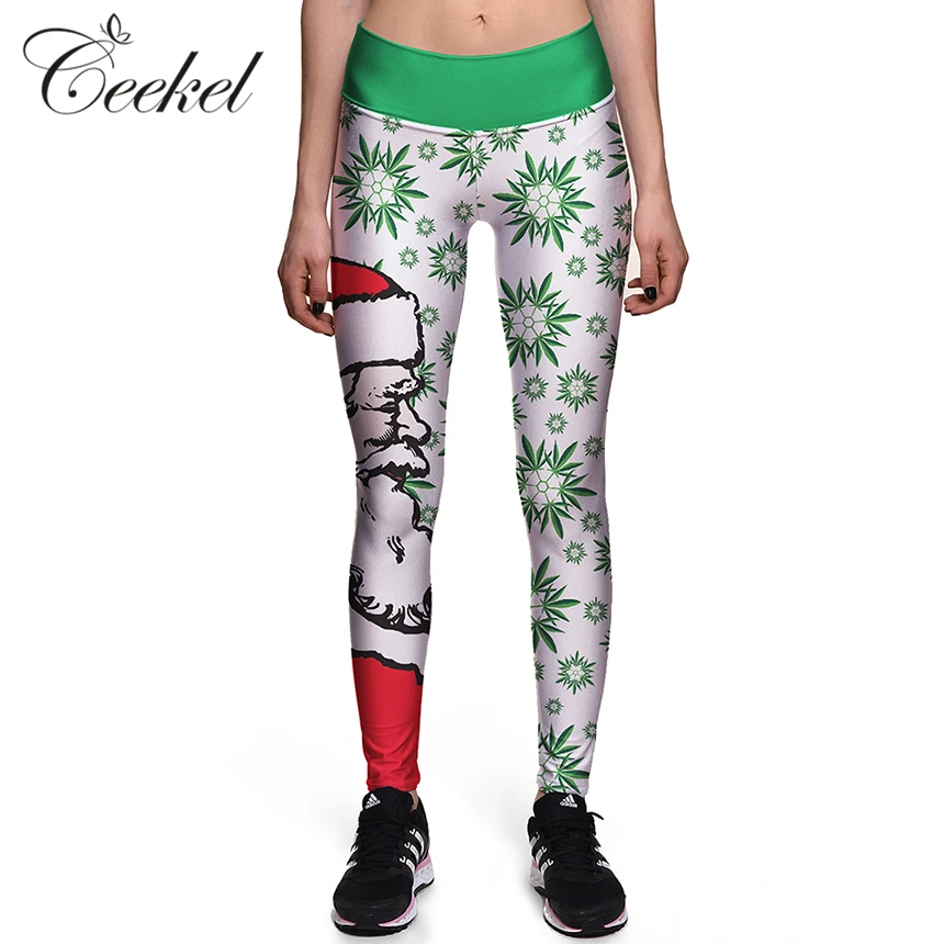 Merry Christmas Santa Claus Snow Hat Print Leggings Plus Size Fitness Pant Sexy Slim Legins High Waist Knitted Leggins | Женская одежда