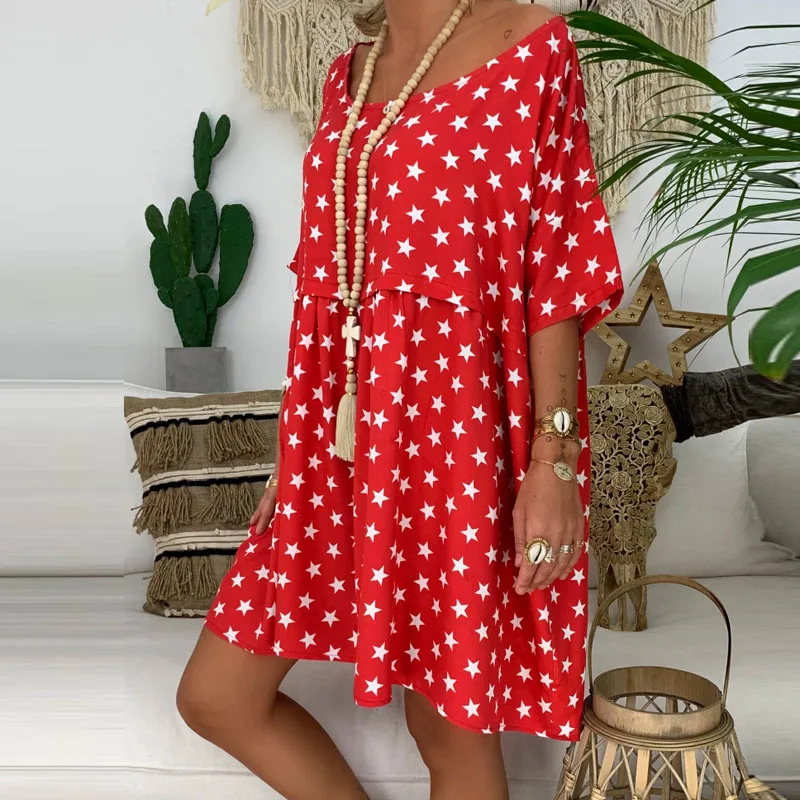 Свободное платье с коротким рукавом 2019 летнее пляжное круглым вырезом Boho женское
