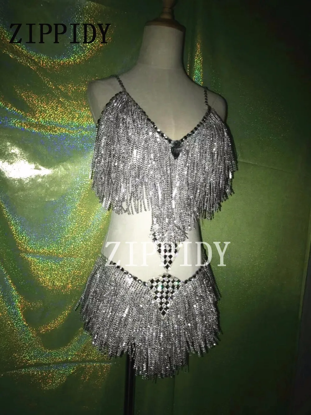 Sexy Silver Rhinestones Tassel Bodysuit Costume Stage Show Leotard Celebrate Performance Outfit Crystals Stones Wear