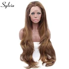Коричневые синтетические кружевные передние парики silvia, натуральные волны, средняя часть, Длинные термостойкие волосы из волокна для женщин
