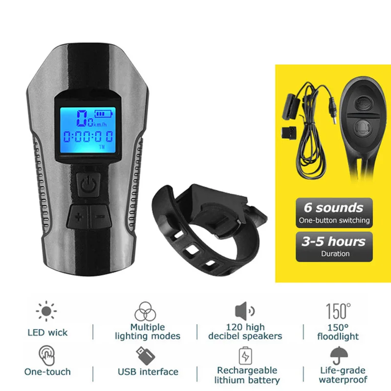 all black 4 режима USB велосипедный светильник и велосипедный компьютер 6 режимов Рог вспышка светильник велосипедный Спидометр светодиодный передний светильник s велосипедный головной светильник - Цвет: all black
