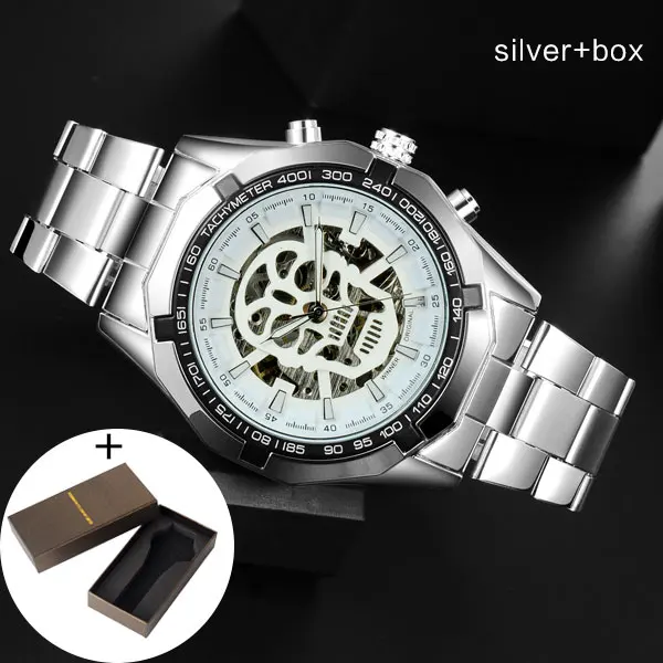 silver box T-WINNER Мужские механические часы Winner Топ люксовый бренд из нержавеющей стали скелетные часы самоветер механические мужские часы - Цвет: silver box