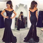 Черные с плеч атласные длинные в стиле русалки, платья для выпускного бала с кружевной аппликацией и бусинами