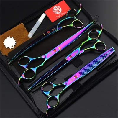 Colorful P-804 Высококачественные 8,0 дюймовые ножницы для ухода за домашними животными для собак прямые и изогнутые и истончающие щипцы для зачистки проводов края животных инструменты для стрижки волос комплект - Цвет: Colorful P-804