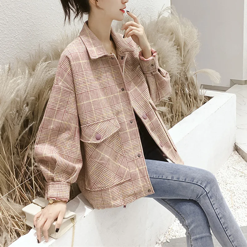 

Women Plaid Coat 2019 Autumn Winter Long Sleeve Woollen Overcoat Loose Outwear Female Lapel Double Pocket Sweet Pink Woolen Coat