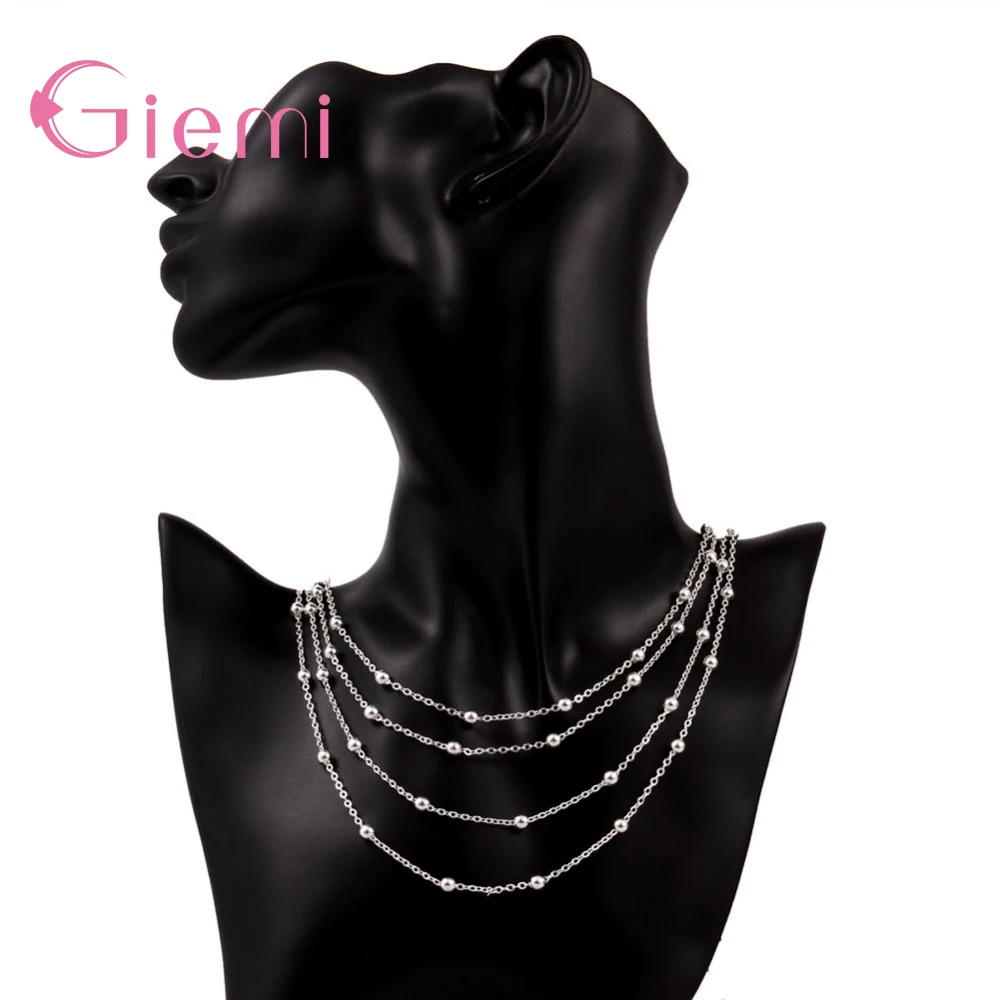 Genuine 925 Sterling Silver Women's Vintage Simple Design Four Layers Long Chain Necklace For Women Bridesmaid Jewelry Present |
