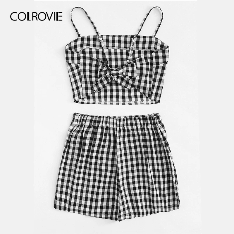 COLROVIE черный и белый Клетчатый Узел сзади клетчатый топ с шортами женский богемный комплект из двух предметов летний праздничный комплект из 2 предметов