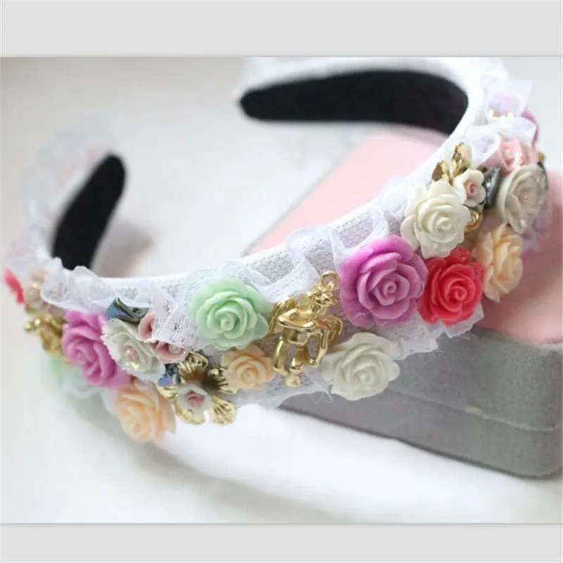 2017 модные тиары Подиумные кружевные керамические цветы корона барокко ободки