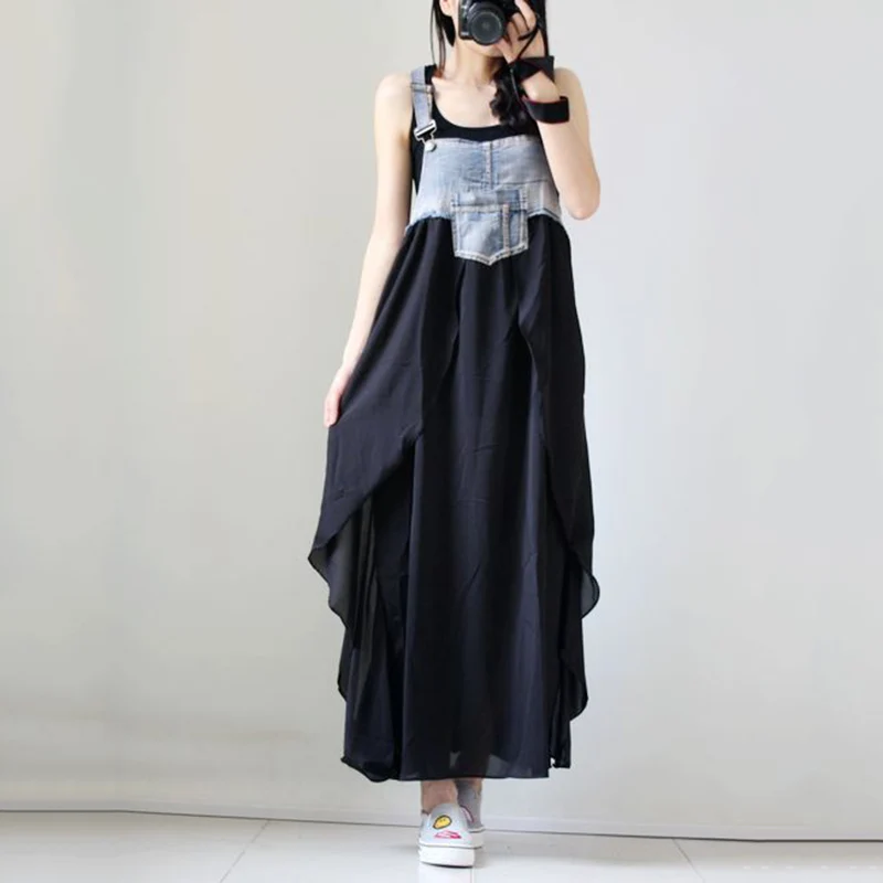 

Korean UK Fashion Women Denim Jeans Dungaree Strap Splice Club Party Overall Long Dress Casual Denim Mini Dress Plus Size