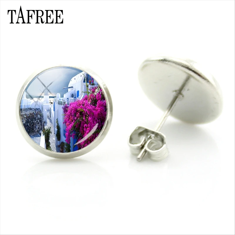 Круглые серьги-гвоздики TAFREE с островом Санторини греческий пейзаж серьги