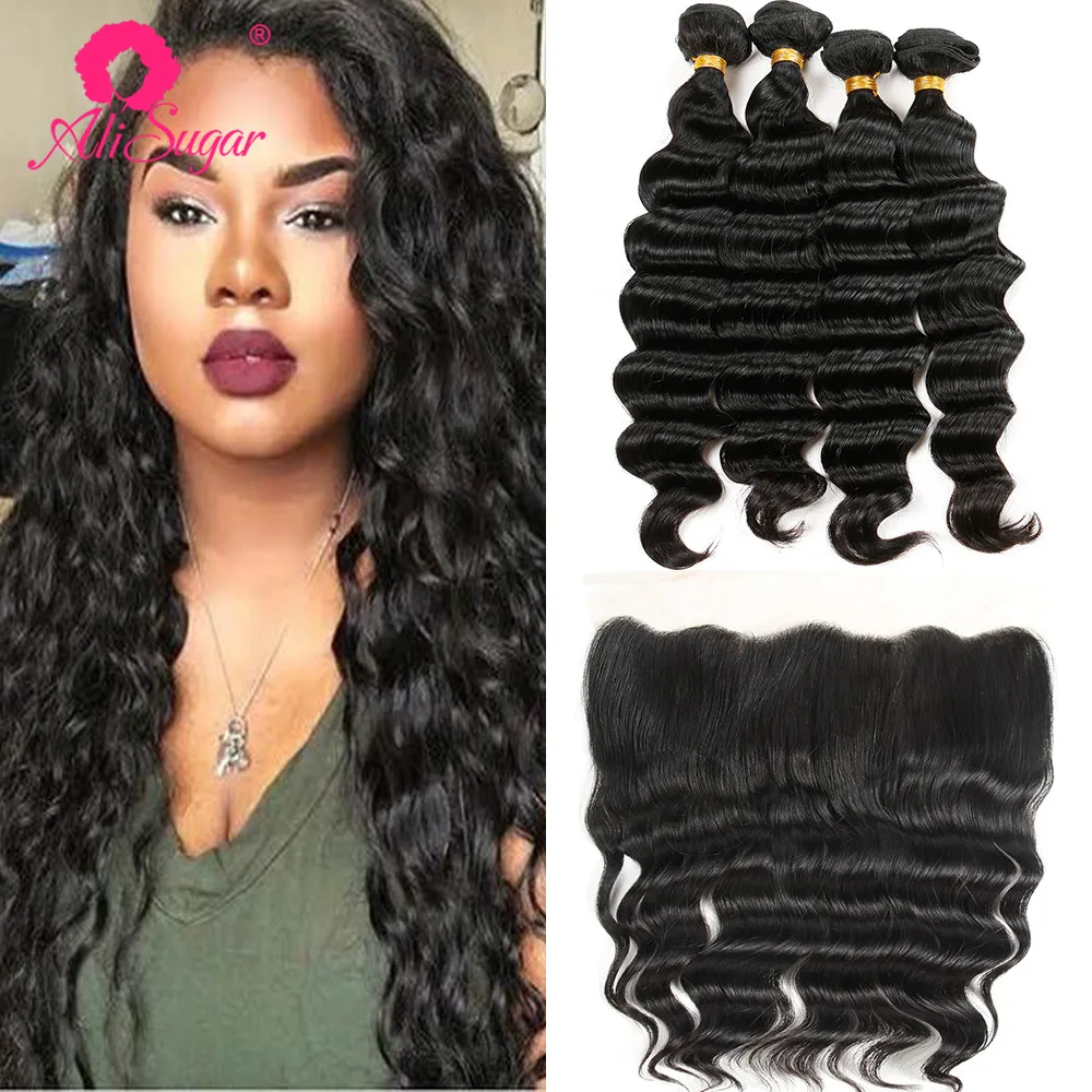 Али сахар волосы перуанское неплотное переплетение пучки с фронтальной 100%