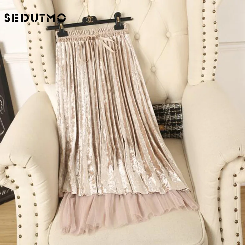 

SEDUTMO 2018 Winter Lace Pleated Skirts Women High Waist Velvet Skirt Spring Midi Black Vintage Mesh Corduroy Tutu Skirt ED065