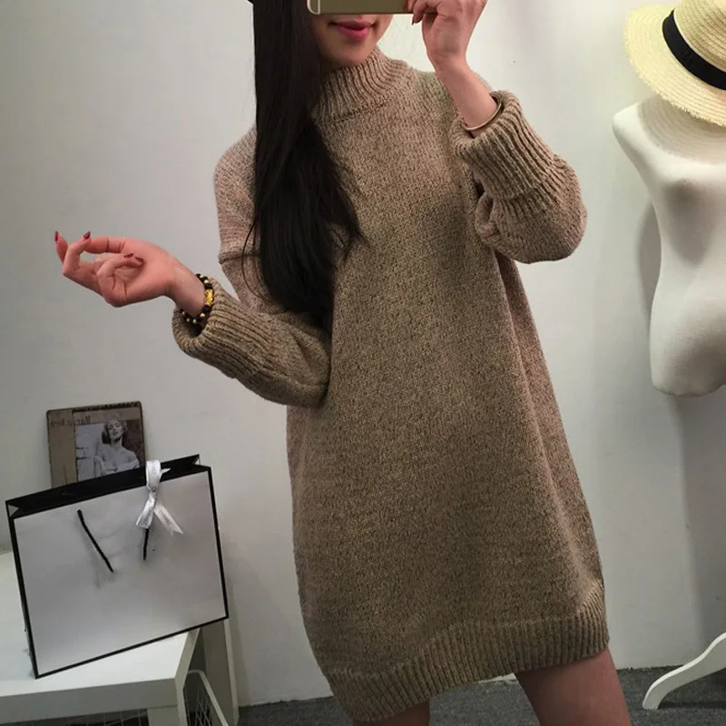 Solid Turtleneck Women Knitted Sweater Dress Long Sleeve Pullovers Loose Over Size Casual Warm Jumper 2020 Fall Woman Top | Женская