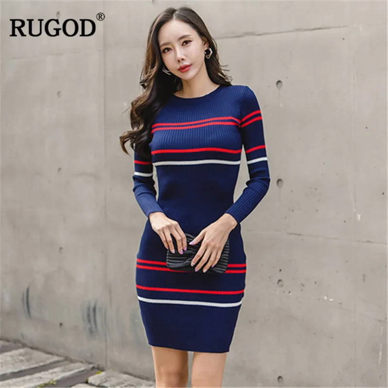 RUGOD 2018 Новый Bodycon платье Для женщин в полоску с круглым вырезом миди оболочка