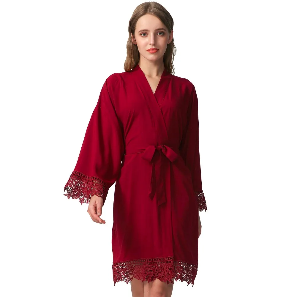 Женский хлопковый банный халат с кружевной отделкой и коротким ремнем|Халаты| |