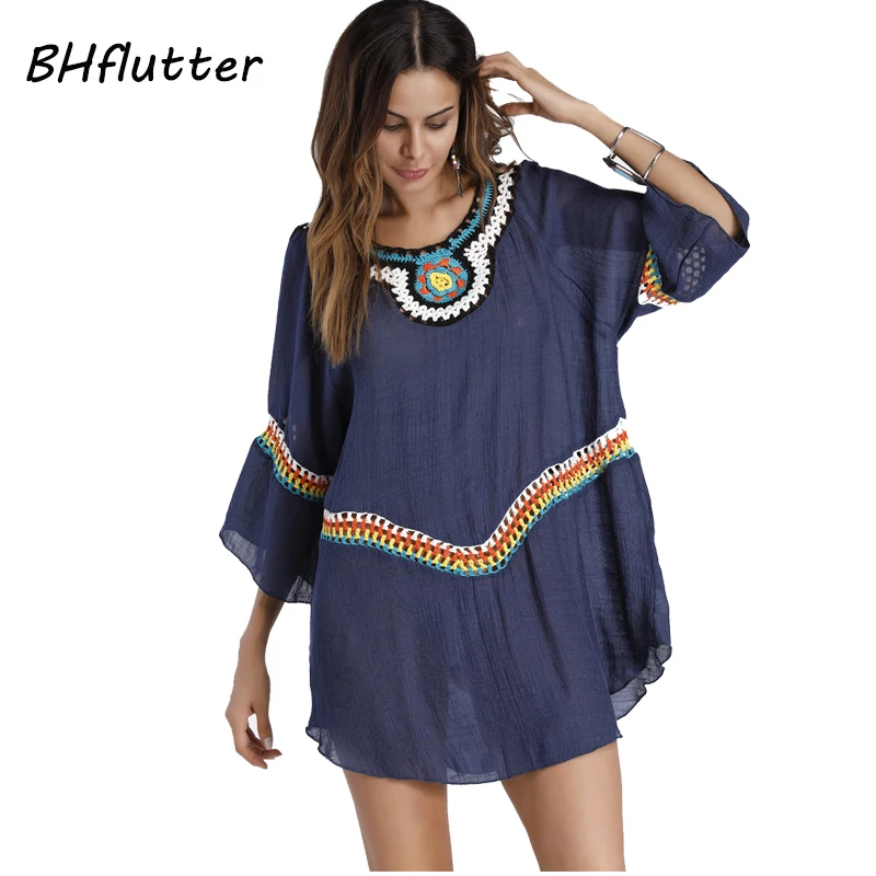 Bhflutter 2018 Новое богемное платье Для женщин Вышивка Boho Стиль мини пляжное из хлопка
