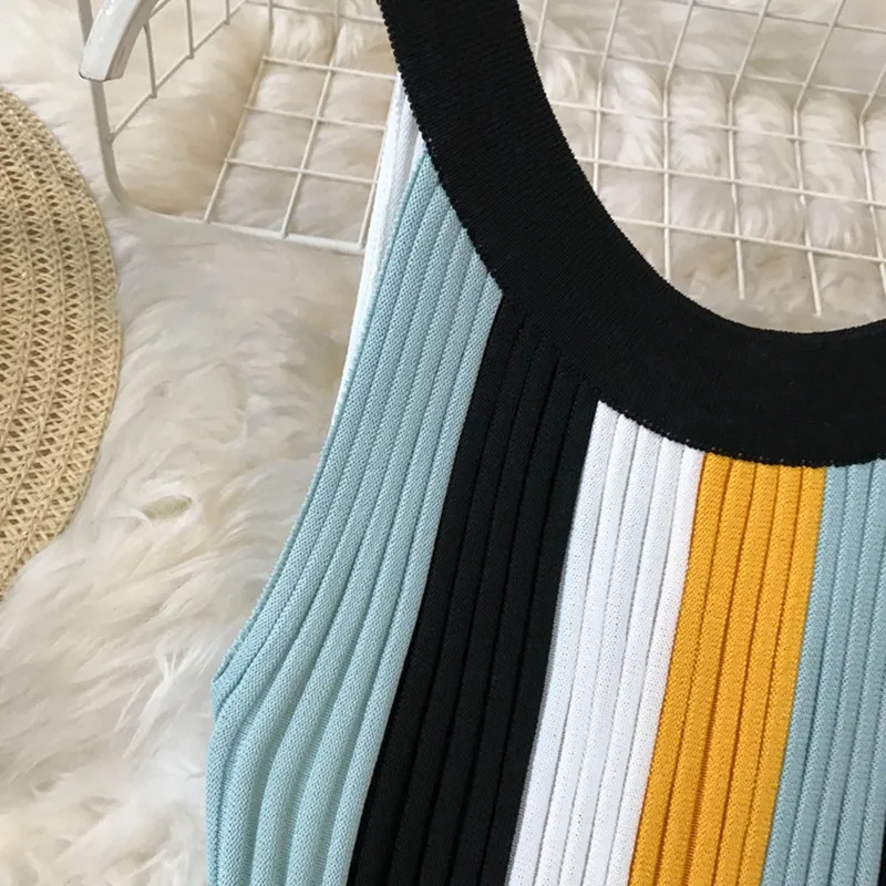 

Vintage 2020 Stretch Striped Knitted Women Dress Summer Beach Style Sleeveless High Waist Bodycon Dresses Knitted Vestido Mujer