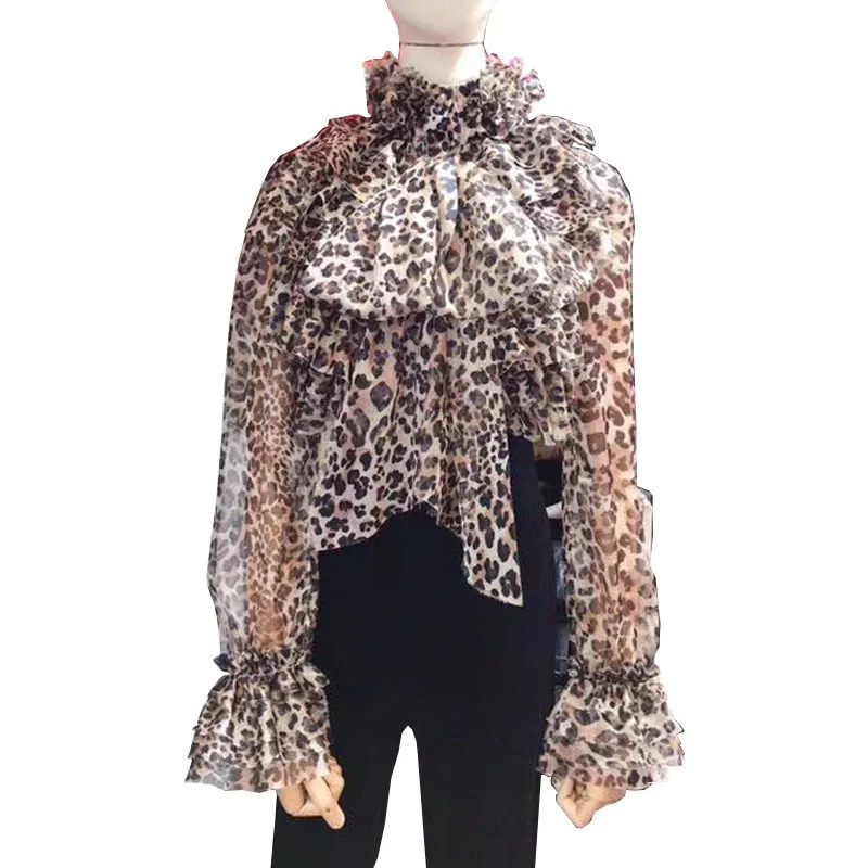 leopard TWOTWINSTYLE, женские топы с бантом, расклешенная рубашка с длинным рукавом и рюшами, блузка, Женская корейская модная одежда, весна - Цвет: leopard