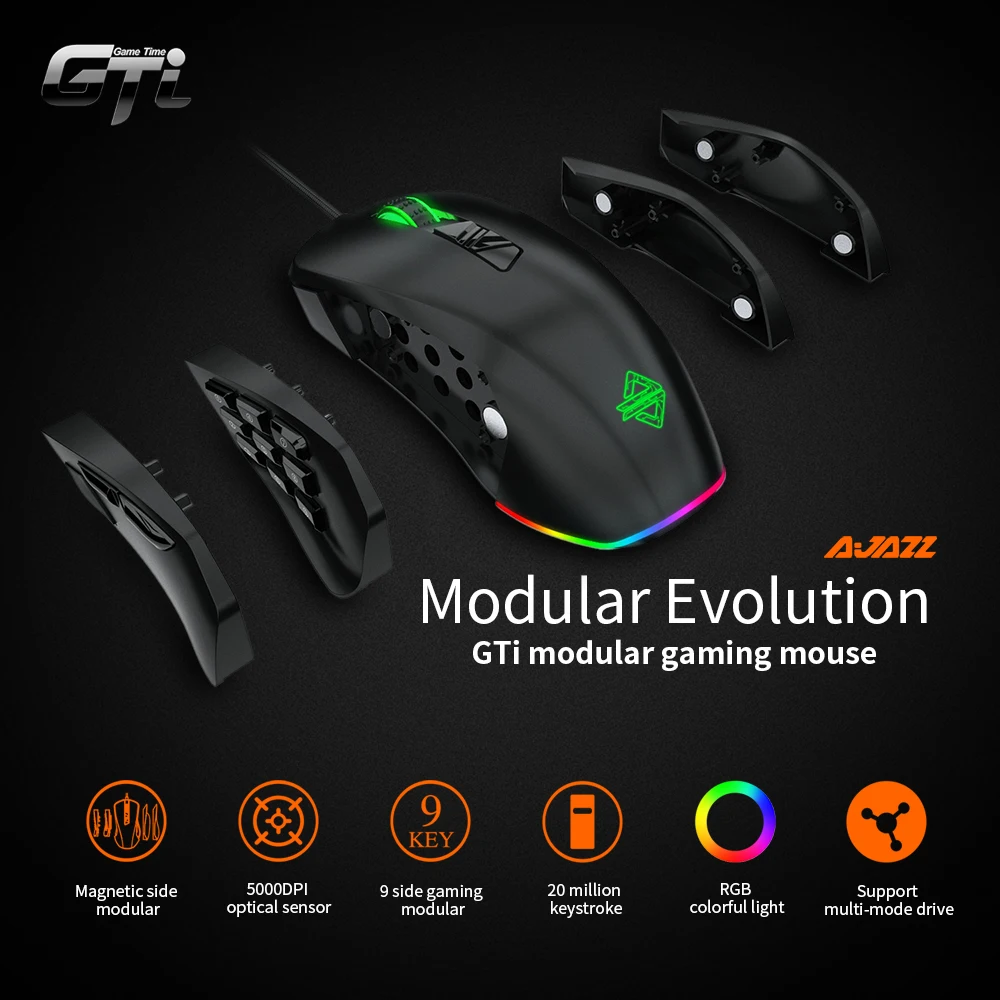 Игровая мышь Ajazz 5000DPI USB Проводная RGB с подсветкой со сменными боковыми кнопками и