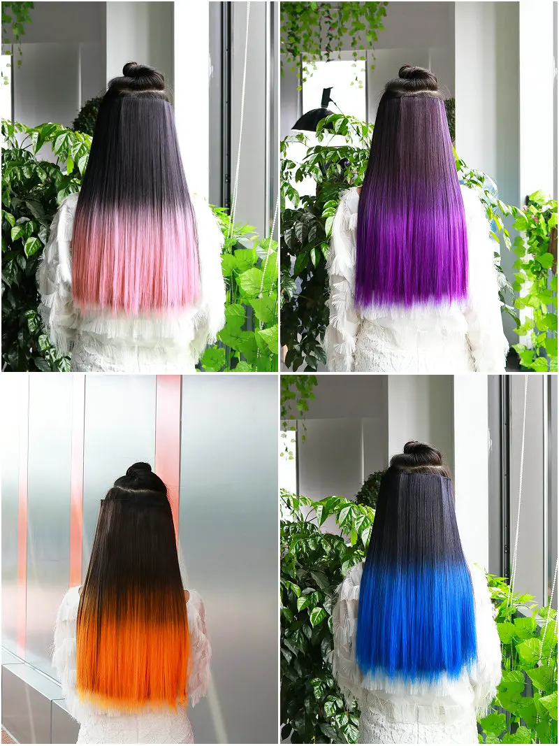 FreeBeauty 22" Rainbow Synthetic 5 clip in wigs hair extensions Wigs For Women Straight Pink Purple Ombre Human Hair Extensions