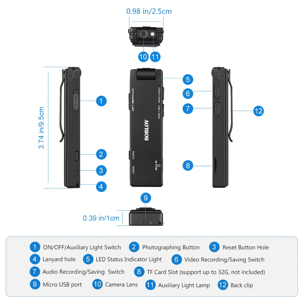 Boblov A3 32GB HD мини видеокамера 1080P ручка камера рекордер вращающийся дизайн цифровая